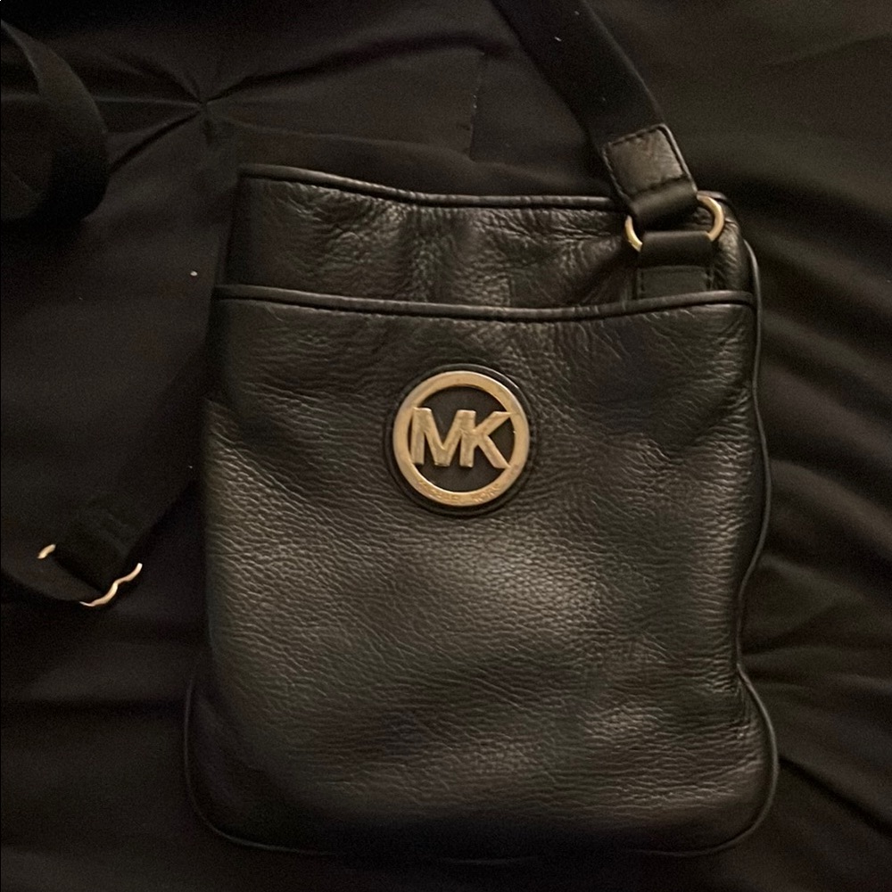 Michael Kors Black Leather Pebbled Crossbody with Gold MK Logo